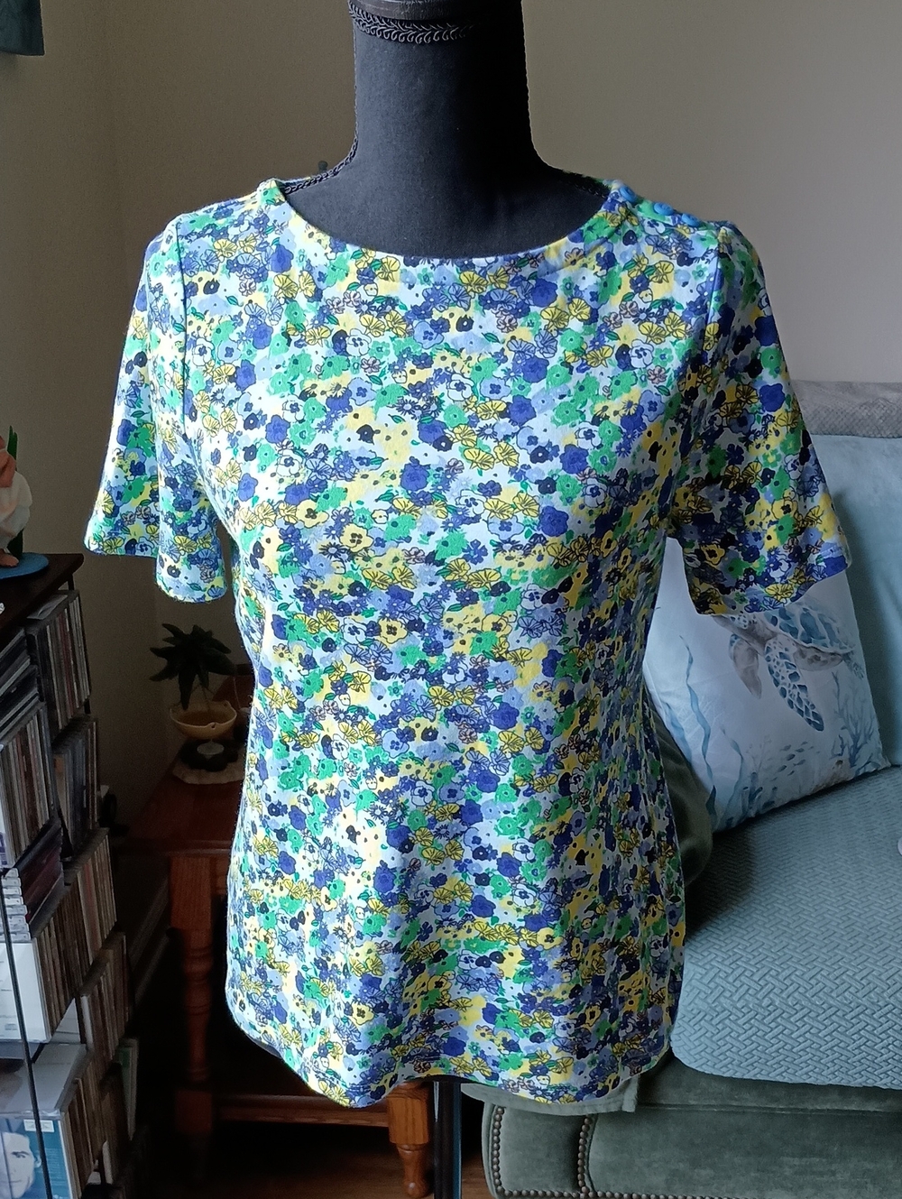 Charter Club Floral Short Sleeve Scoop Neck Top — Blue, Green, Yellow